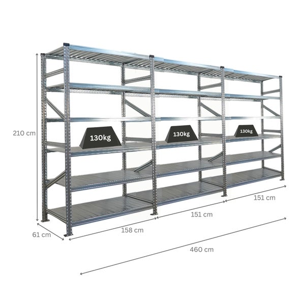 Abmessungen eines Metallregalsystems mit fünf Regalebenen und einer maximalen Belastbarkeit von 130 Kilogramm pro Ebene