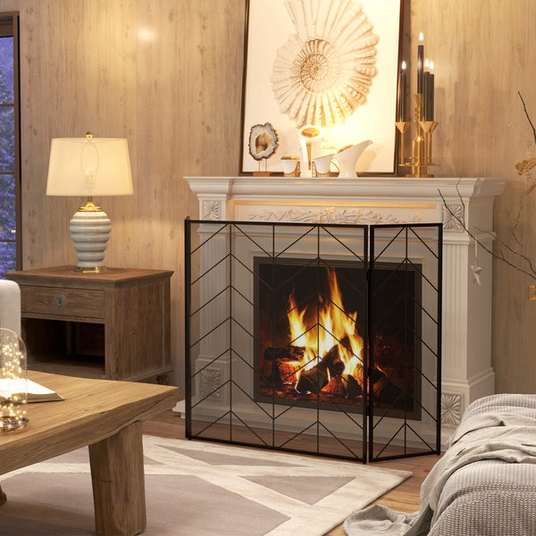 HOMCOM Kaminschutzgitter, Klappbares Kamingitter mit 3 Paneelen, Ofenschutzgitter, Funkenschutzgitter für Wohnzimmer, Stahl, 135 x 85 cm, Schwarz