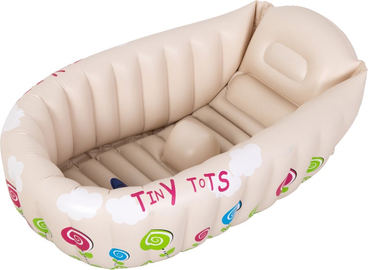Aufblasbare Babybadewanne von Tiny Tots mit gepolstertem Boden und integrierter Stütze für Säuglinge.