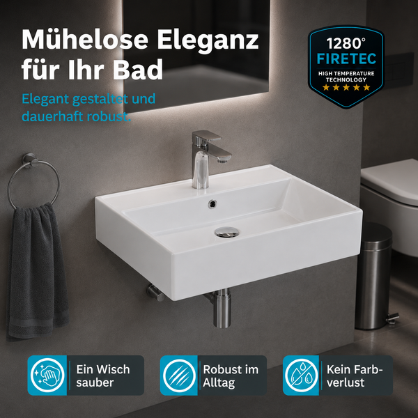 Modernes Bad mit Keramik-Waschbecken, Chrom-Armatur. Firetec Logo für 1280 Grad Technik. Symbole für einfache Reinigung, Robustheit, Farbechtheit.