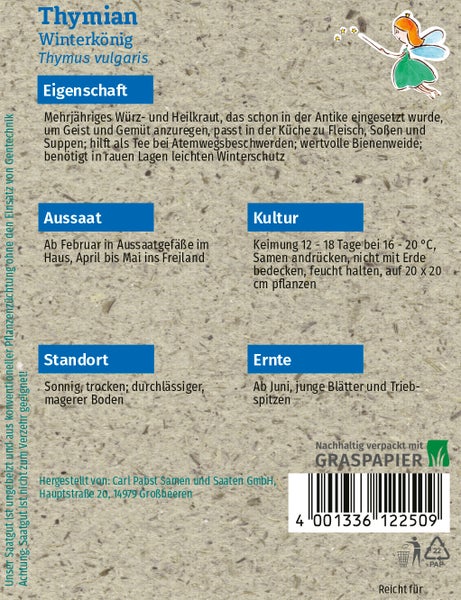 Rückseite einer Samentüte für Thymian Winterkönig mit Anbauhinweisen zu Aussaat, Standort und Ernte auf nachhaltigem Graspapier.