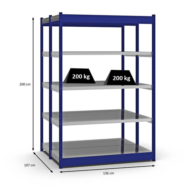 PROREGAL Fachbodenregal Stecksystem Vierkant-Profil Grundregal HxBxT 200 x 132,5 x 50 cm 2x5 Ebenen Doppelseitige Bauart Fachlast 200 kg Enzianblau