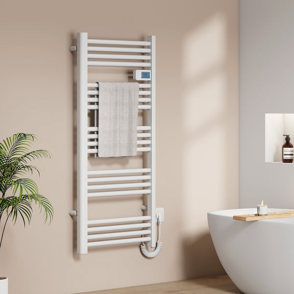 EMKE Handtuchheizkörper Elektrisch 1200 x 540 mm Elektrischer Badheizkörper mit Touchschalter Timer, Handtuchtrokner Handtuchwärmer Weiß 600W