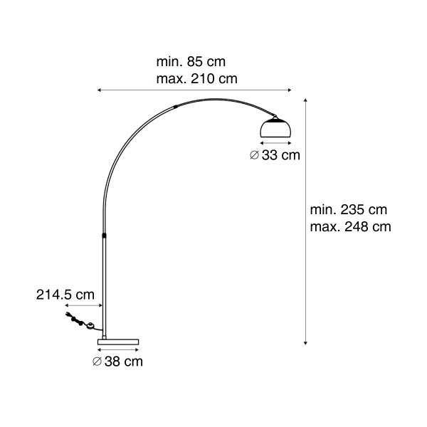 Maßskizze einer Bogenlampe mit Maßen: Höhe von 235 bis 248 Zentimeter, Ausladung von 85 bis 210 Zentimeter, Schirmdurchmesser 33 Zentimeter.