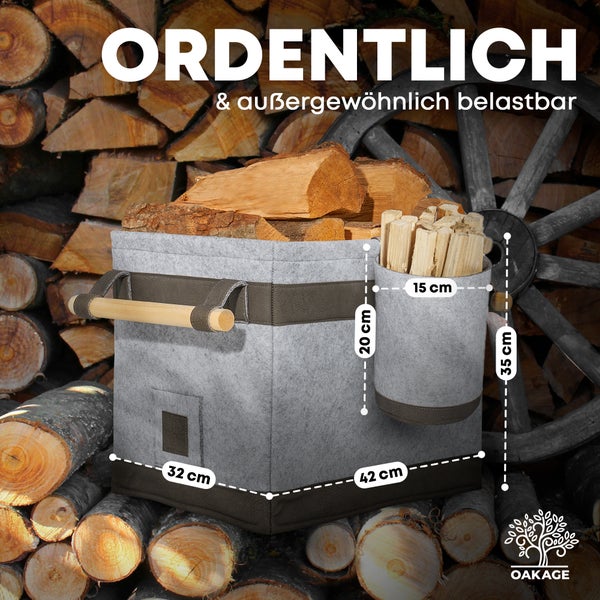 OAKAGE® FireMaster Duo Hellgrau Holzkorb Filz - Einhängbarer Zündholzkorb - 42x32x35cm