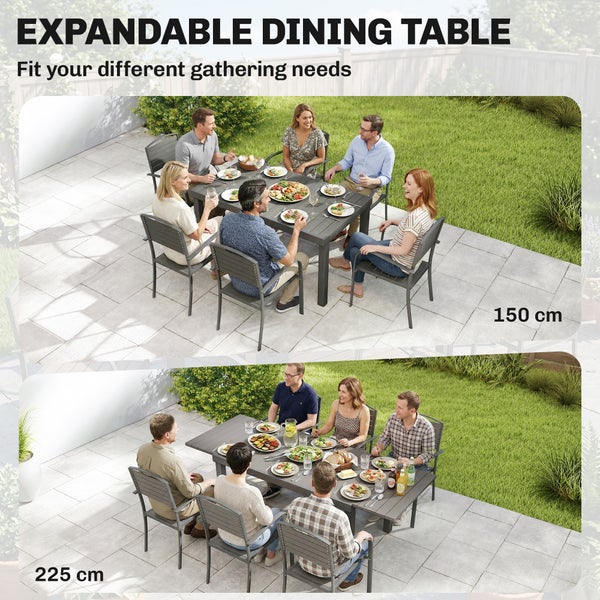 Ausziehbarer Gartentisch in Grau auf einer Terrasse, abgebildet in zwei Längen von 150 Zentimetern und 225 Zentimetern mit Personen.