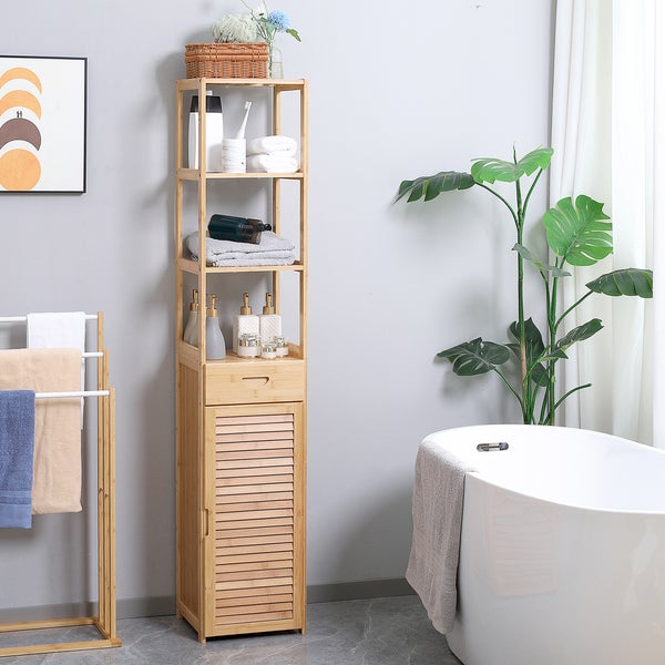 kleankin Badezimmerschrank Badschrank Aufbewahrungsschrank mit Schublade, drei Ablagen, offenes Fach, Bambus, Schrank Hochschrank für Badezimmer und Wohnzimmer, 32 x 30 x 163 cm Naturholz
