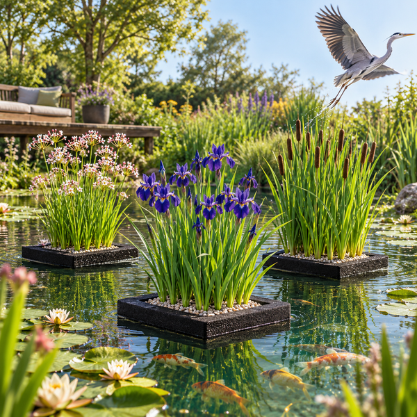 Gartenteich mit schwimmenden Pflanzinseln, blühenden Schwertlilien, Seerosen und Kois sowie einem abhebenden Graureiher im sonnigen Garten.