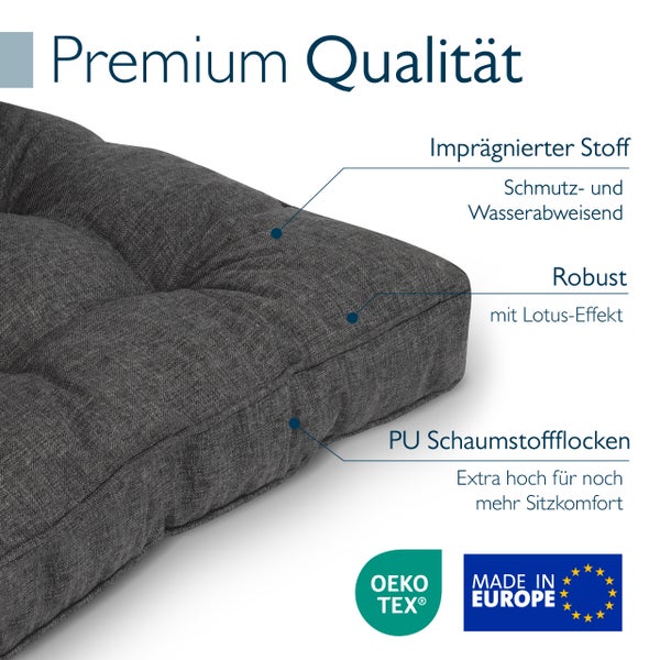 Detail eines Sitzkissens mit Hinweisen auf wasserabweisenden Stoff, Polyurethan-Schaumstoffflocken, Oeko-Tex-Zertifikat und Herstellung in Europa.