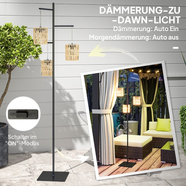 Outsunny Solar Stehlampe Rattan Solarlampen mit Lichtsensor 3 Lichten Automatische Solarleuchte im Boho-Stil IP44 Wasserdichte Solarlampe Outdoor Lampe Solarlaterne für Garten Balkon Außen Rasen Hof