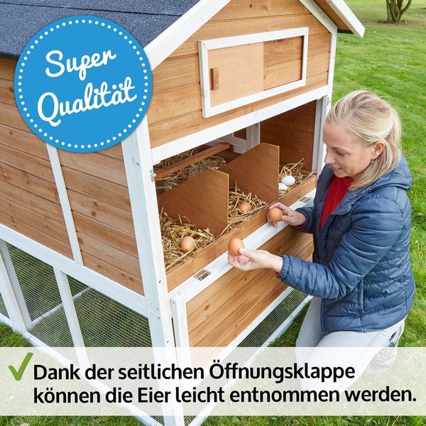 Frau entnimmt Eier aus einem Hühnerstall aus Holz durch eine seitliche Öffnungsklappe. Hohe Qualität.
