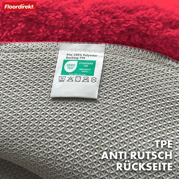 Rückseite eines Teppichs mit Antirutschbeschichtung und Öko-Tex Standard 100 Siegel
