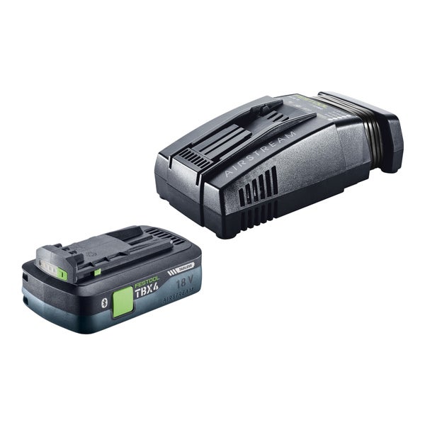 Festool 18 Volt Akku-Set bestehend aus einem Bluetooth Akku TBX4 und einem Schnellladegerät SCA 16 mit Airstream-Technologie.