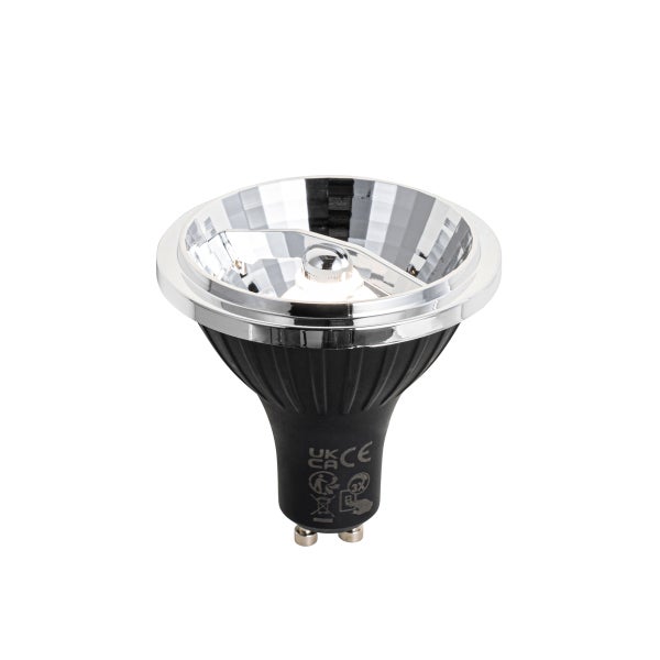 LED-Reflektorlampe GU10 mit schwarzem Gehäuse und silbernem Reflektor.