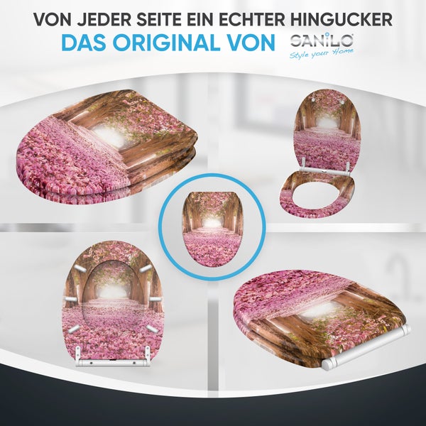 Sanilo Toilettensitz mit Kirschblütenallee-Motiv, verschiedene Ansichten von Deckel und Brille sowie Sanilo Logo.
