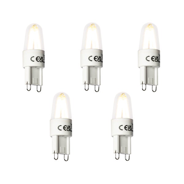 Fünf LED-G9-Leuchtmittel mit klarem Gehäuse und Stiftsockel, mit CE-Kennzeichnung und UKCA-Konformitätszeichen.