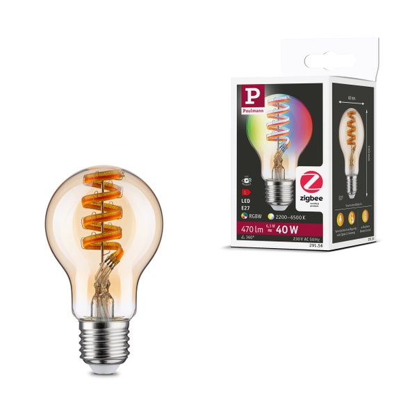 Paulmann LED Lampe E27 Zigbee RGBW 470 Lumen 6,3 Watt dimmbar mit Spiral-Filament in klassischer Kolbenform inklusive Verpackung.