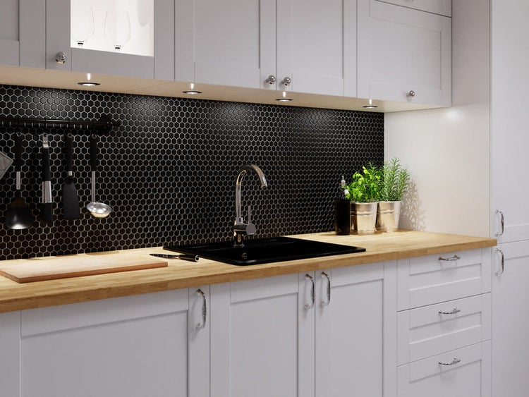 Keramikmosaik auf Netz für Bad oder Küche 30cm x 26cm  - Matt Black Hive