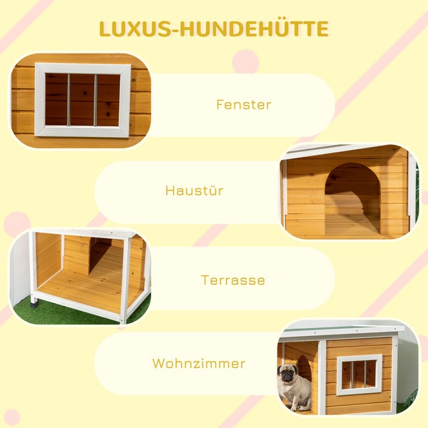 PawHut Hundehütte, Tannenholz, Hundehaus mit Terrasse und aufklappbarem Asphaltdach, Hütte für kleine Hunde, Indoor, Outdoor, wetterfest, Orange, 85,5 x 62 x 60 cm