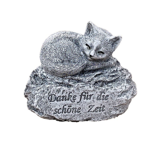 Grabschmuck Gedenkstein für Haustiere in Form einer schlafenden Katze auf einem Stein mit der Inschrift Danke für die schöne Zeit