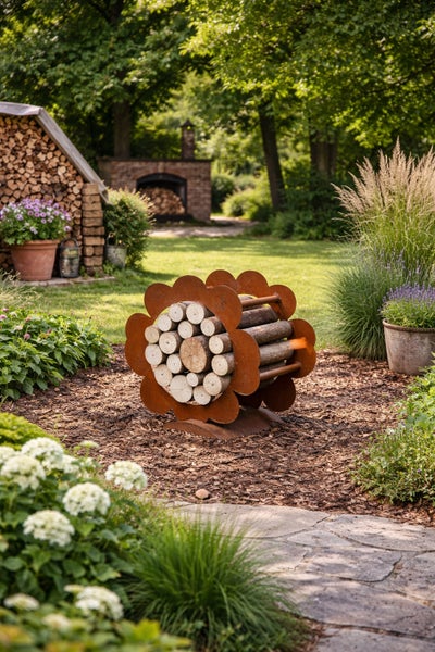 Blumenförmiges Kaminholzregal aus Cortenstahl mit Brennholz in einem gepflegten Garten auf Rindenmulch.