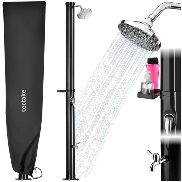 Solardusche in Schwarz mit Regenduschkopf, Einhebelmischer, Fußbrause, Ablage und Schutzhülle mit tectake Logo.