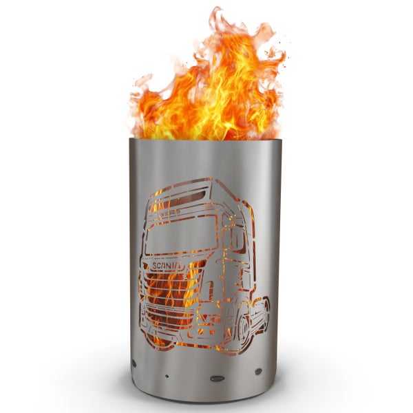 Feuersäule aus Metall mit Scania LKW Motiv und Flammen