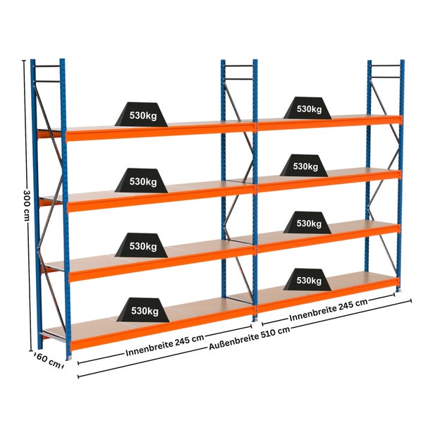 Schwerlastregal mit sechs Ebenen und Gewichtsangaben
