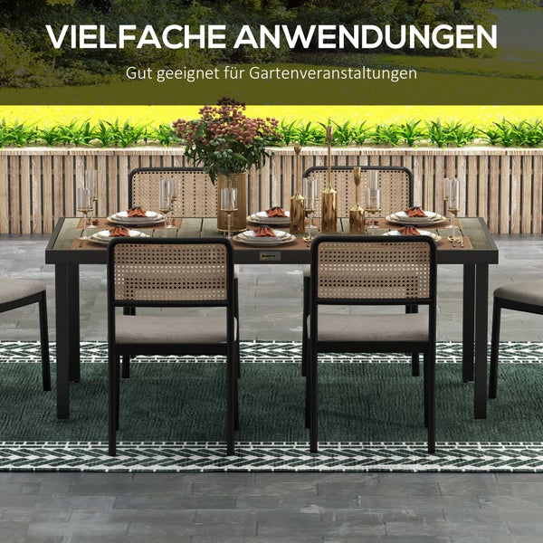 Gartentisch-Set für acht Personen mit einem 190 mal 90 Zentimeter großen rechteckigen Esstisch und acht Gartenstühlen auf einer sonnigen Terrasse.