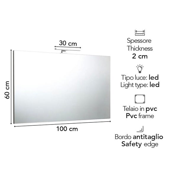 Rechteckiger Spiegel mit LED-Beleuchtung, PVC-Rahmen und Sicherheitskante, 100 x 60 cm