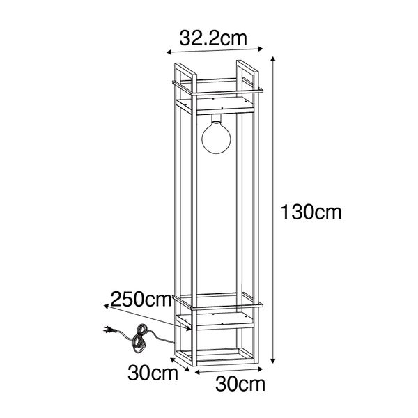 Skizze einer 130 Zentimeter hohen Standleuchte mit den Maßen 30 mal 30 mal 32,2 Zentimeter und einer 250 Zentimeter langen Zuleitung