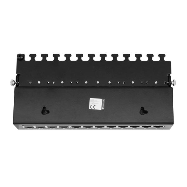 Profipatch Patchpanel Kategorie 6 mit 12 Ports aus Metall, Rückseite mit Kabelführung und Löchern für die Wandmontage.
