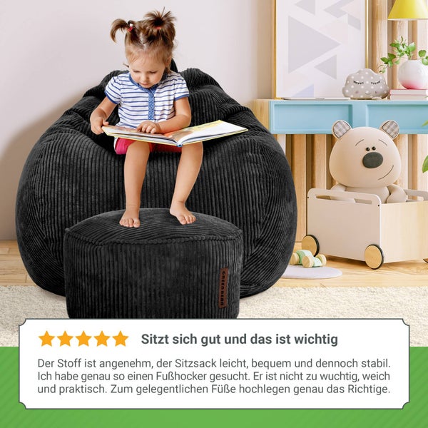 Green Bean 2er Set Indoor XXL Sitzsack + Pouf mit EPS-Perlen Füllung - Fußhocker Fußkissen Hocker Bodenkissen Liegekissen Sitzkissen Lounge Chair - Schwarz