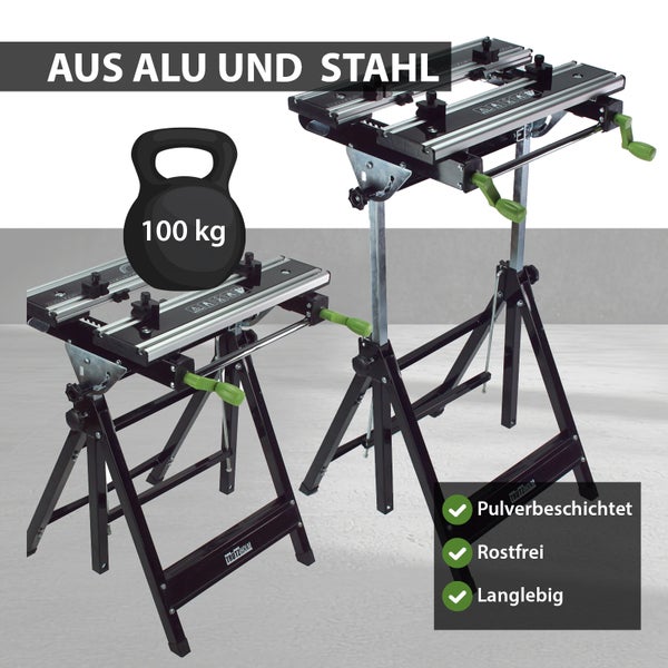 Zwei höhenverstellbare Werktische aus Aluminium und Stahl von Trutzholm mit einer Tragkraft von 100 Kilogramm, pulverbeschichtet und rostfrei.