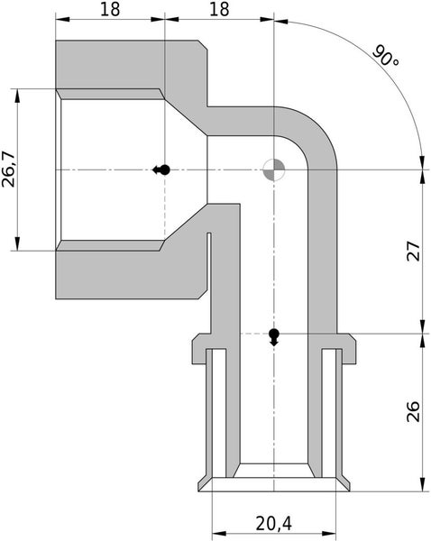 Maßzeichnung eines 90 Grad Winkelfittings für Rohre mit verschiedenen Maßangaben in Millimetern.