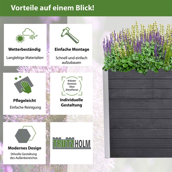 Vorteile des Trutzholm Pflanzkastens auf einen Blick: wetterbeständig, einfache Montage, pflegeleicht, individuelle Gestaltung, modernes Design und Trutzholm Logo.