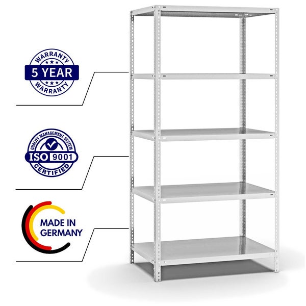 PROREGAL Fachbodenregal Schraubsystem Light-Duty Grundregal HxBxT 200 x 100 x 60 cm 5 Ebenen Fachlast 125 kg Beidseitig Nutzbar Lichtgrau