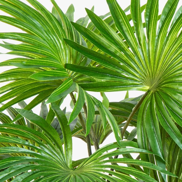 Detailansicht von grünen künstlichen Palmblättern.