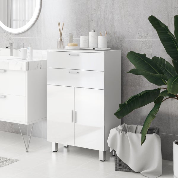 kleankin Badezimmerschrank Beistellschrank mit 2 Hochglanzweiß Schubladen, Tür, Badschrank mit Verstellbarem Regal, Aufbewahrungsschrank für Wohnzimmer 60 x 30 x 93 cm