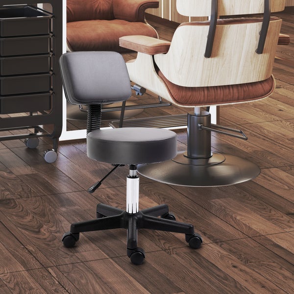 HOMCOM Rollhocker Höhenverstellbarer Arbeitshocker mit Lehne, Drehbarer Salon Hocker für Massage Büro Kunstleder Grau Ø35 x 72-84 cm