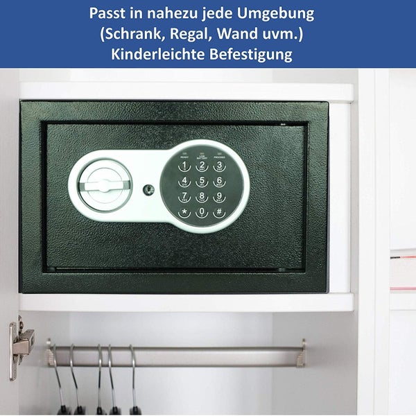 JUNG Safe-Alarm Elektronischer Tresor 14L, Möbeltresor mit Zahlenschloss + 2 Notschlüsseln, Kompakt 31x20x20 cm, 3,8 kg, Doppelstahlbolzen Sicherheitsbox für Hotel, Büro und Heim, Schwarz