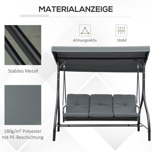 3-Sitzer Hollywoodschaukel mit Sonnendach, stabiles Metallgestell und atmungsaktiver Polyester-Bezug.