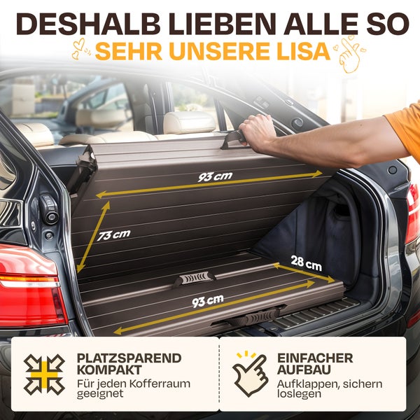 Faltbarer Kofferraum-Organizer Lisa, Maße 93 Zentimeter Breite, 73 Zentimeter Höhe, 28 Zentimeter Tiefe. Platzsparend und einfach aufzubauen.