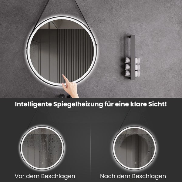 LED Spiegel Spiegelheizung Ø 60 oder 80 Schwarz Matt Warm-/Kaltlichteinstellung Badspiegel Lederschleife
