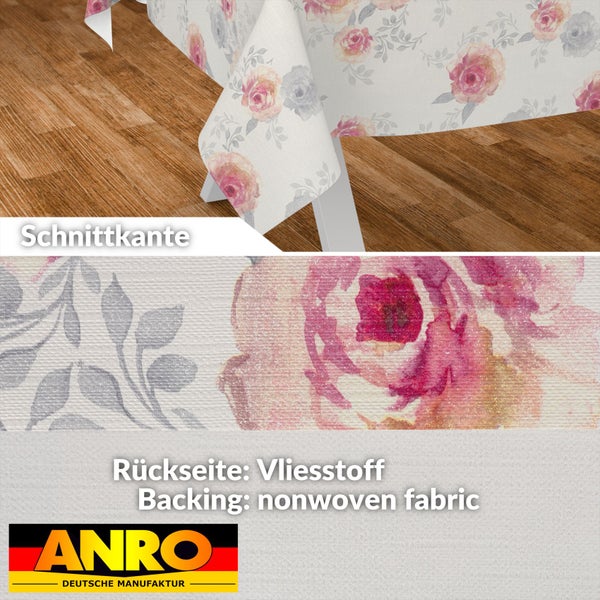 Tischdecke mit floralem Rosenmuster, Detailansicht der Schnittkante und Rückseite aus Vliesstoff. ANRO Logo.