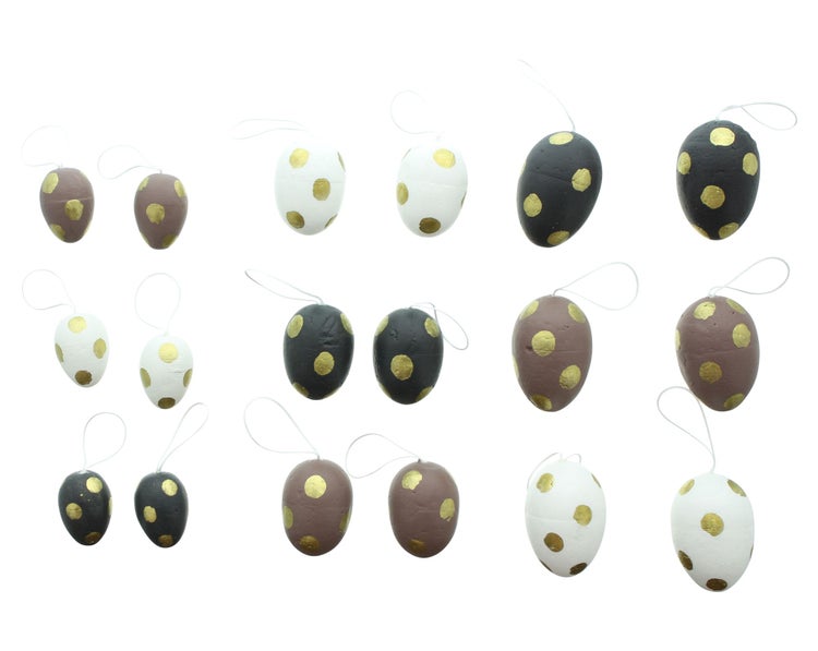 FRANK FLECHTWAREN | Deko-Ei Goldpunkte, 18er Set, KUNSTSTOFF, 3 x 6 cm, 3,5 x 8 cm, 4 x 9 cm