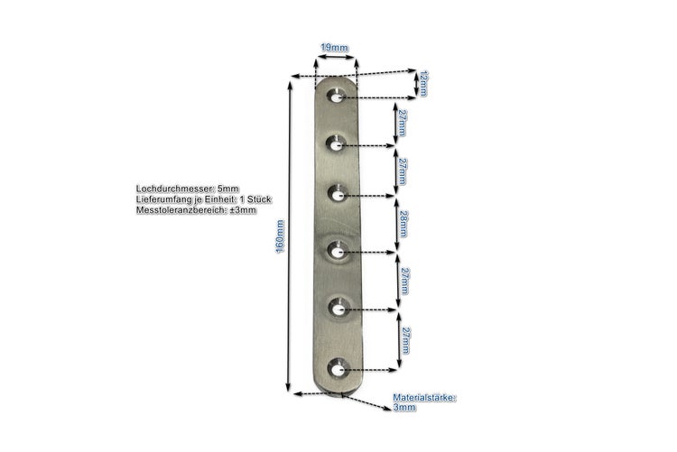 Flachverbinder aus Metall, 160 mal 19 mal 3 Millimeter, mit sechs Bohrungen für die Montage.