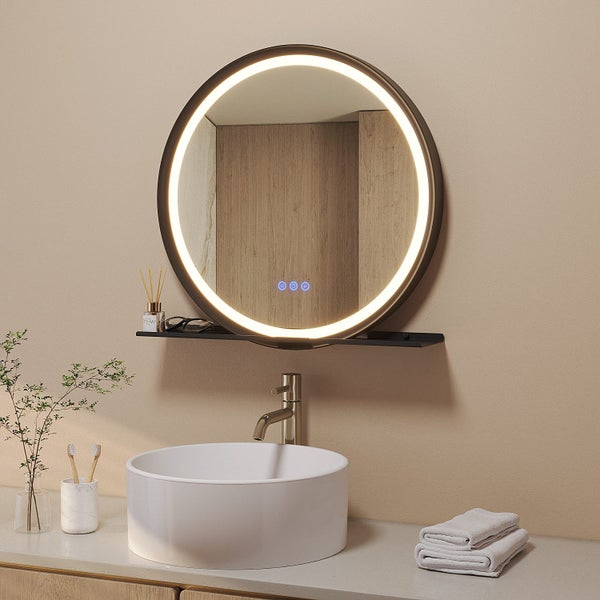 Runder LED Badezimmerspiegel mit integrierter Ablage und Touchbedienung über einem runden Aufsatzwaschbecken im modernen Badezimmer