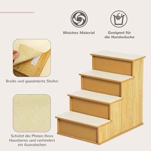 Haustiertreppe mit vier Stufen in Holzoptik, weiche gepolsterte Trittflächen mit Klettverschluss, rutschfest und handwaschbar.