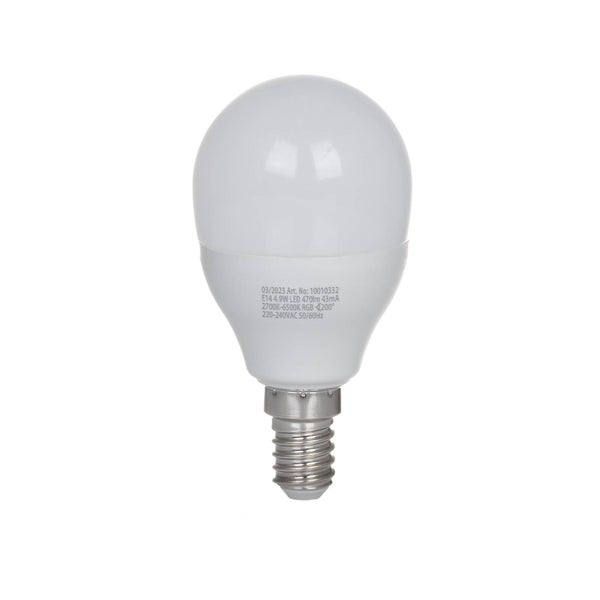 LED-Leuchtmittel, E14-Sockel, 4,9 Watt, 470 Lumen, einstellbare Farbtemperatur 2700 bis 6500 Kelvin und RGB, Tropfenform.